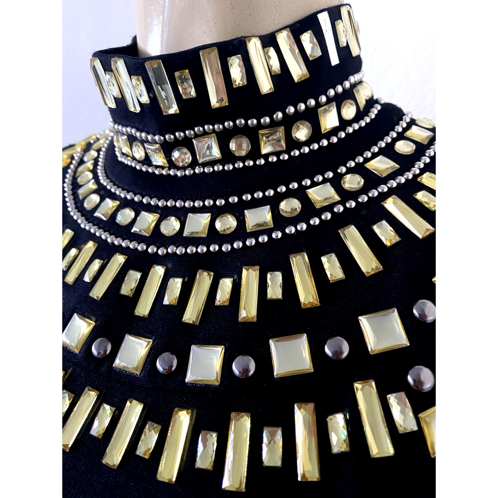 Grayse Black Dress Mock Neck Rhinestone Bead Gold Sheath Knit Sleeveless Mini L - Picture 7 of 11